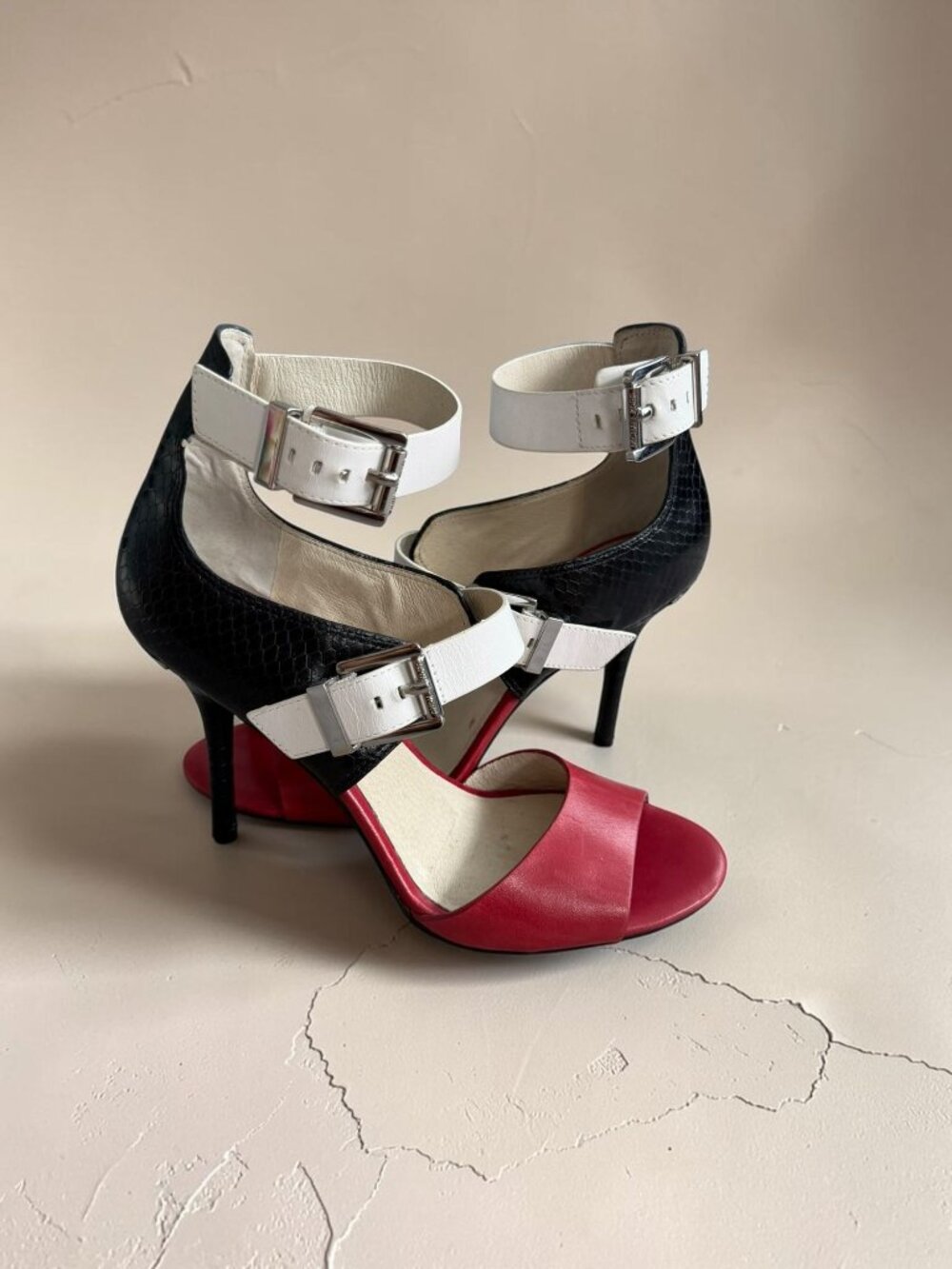 MICHAEL KORS Red Black White Buckle Sandals Heels Size 7.5